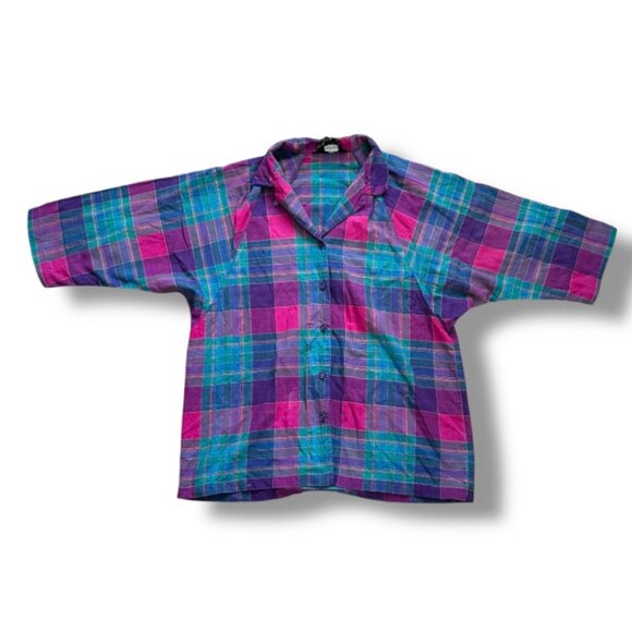 Vintage New Mints Madras Plaid Short Sleeve Button Up Shirt Women's Size Medium - Picture 1 of 15
